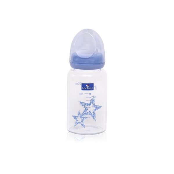 Biberon de sticla cu tetina anti colici Lorelli Blue or Pink Stars 120 ml