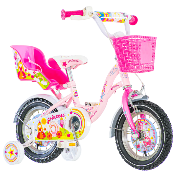 Bicicleta 12 inch cos si scaun papusi roti ajutatoare v brake princess roz