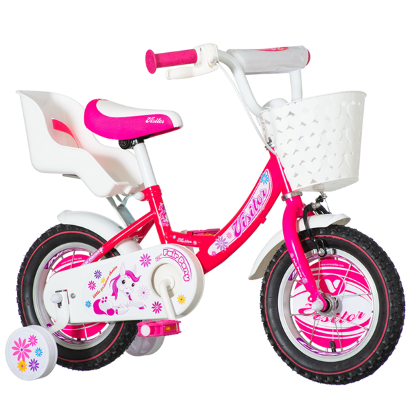 Bicicleta 12 inch fair pony roz cos alb scaun papusi roti ajutatoare
