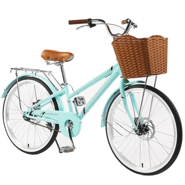 Bicicleta dama cu cos roti 24 inch cadru otel 13 frane v brake albastru deschis
