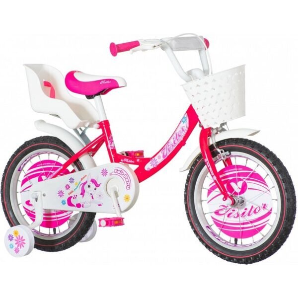 Bicicleta roti 16 inch cos si scaun papusi roti ajutatoare fair pony roz
