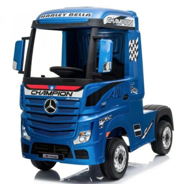 Camion electric pentru copii 2 7 ani Mercedes ACTROS 4x4 180W 12V roti moi scaun tapitat PREMIUM Albastru