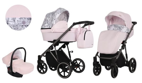 Carucior kunert molto 3 in 1 flori roz cadru grafit scaled
