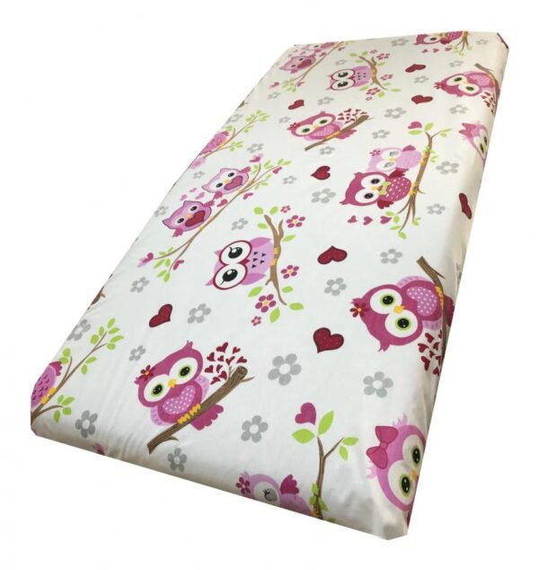 Cearsaf cu elastic roata 140x70 cm Bufnite indragostite cu roz