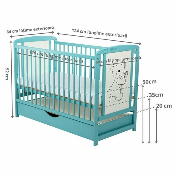 Patut din lemn Timmi 120x60 cm cu sertar Mint Saltea 10 cm