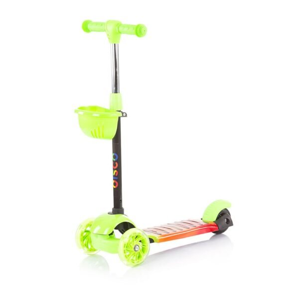 Trotineta cu 3 roti pentru baieti peste 3 ani Chipolino Disco verde portocaliu cu cosulet